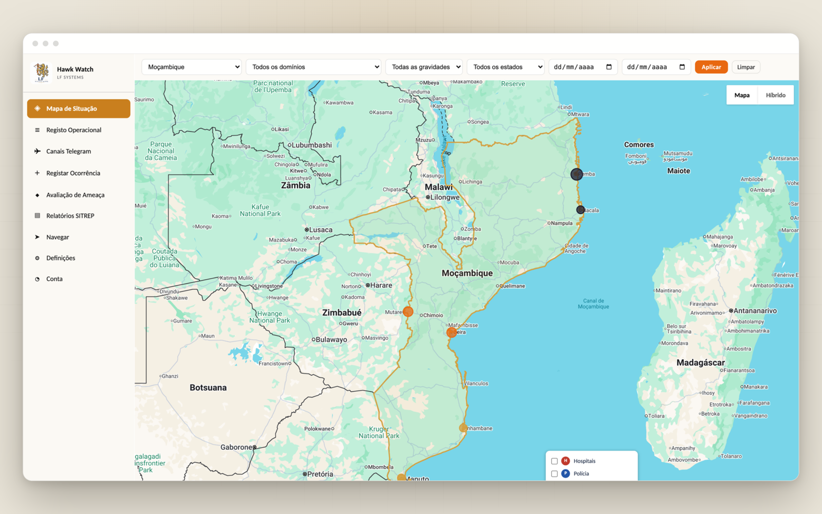 O mapa de situação do LF Hawk Watch com as ocorrências por gravidade